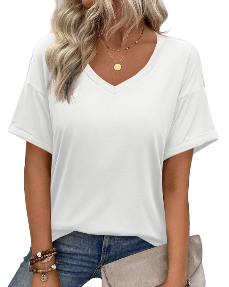 Isla Women's V Neck T-Shirt – Short Sleeve Loose Fit Casual Summer Top