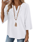 Coraline Women's V Neck Lace Tunic Top – 3/4 Bell Sleeve Boho Blouse