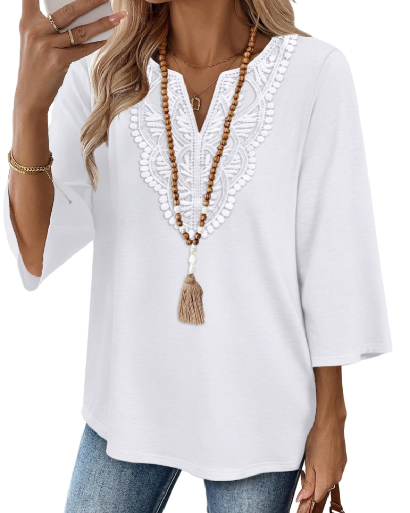 Coraline Women's V Neck Lace Tunic Top – 3/4 Bell Sleeve Boho Blouse