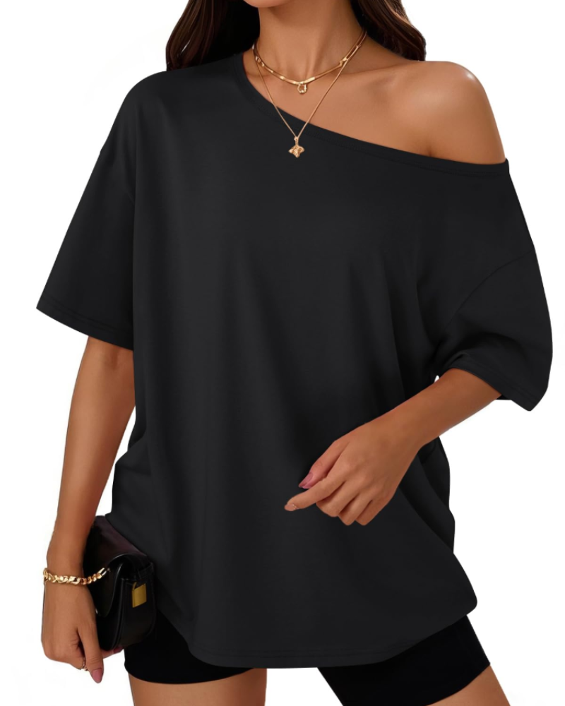 Erin Women's Off Shoulder T-Shirt – Short Sleeve Oversized Casual Summer Top
