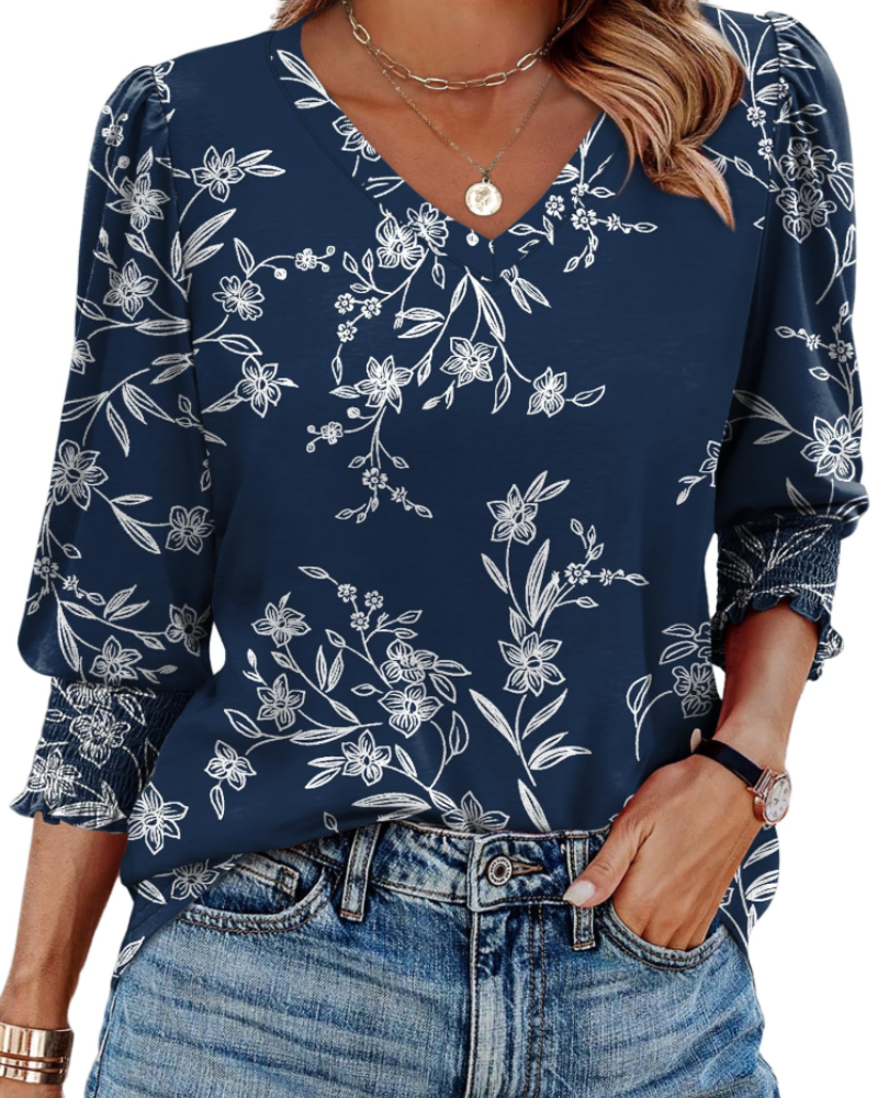 Ainsley Women's V Neck Blouse – 3/4 Puff Sleeve Casual Top