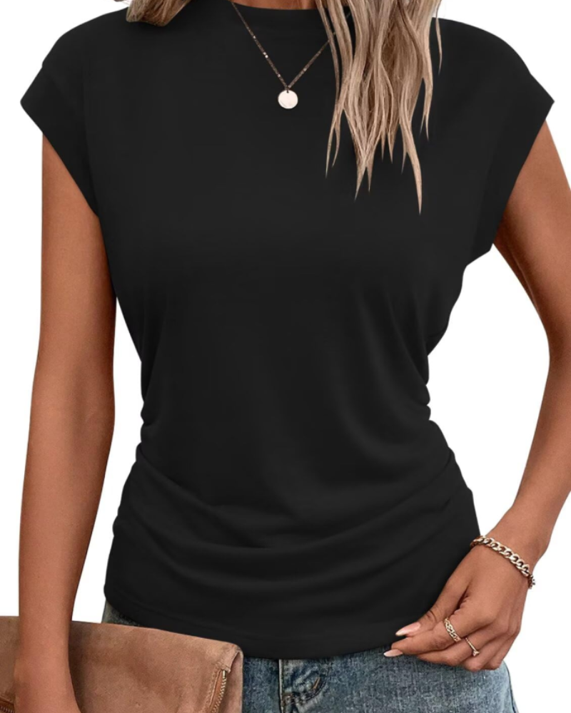 Maisie Women's Pleated T-Shirt – Cap Sleeve Crew Neck Oversized Casual Summer Top