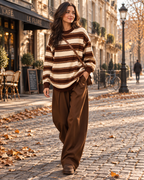 Edith Women's Striped Knit Jumper – Oversized Crew Neck Drop Shoulder Sweater