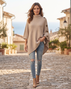 Maeve Women's Knitted Wool Poncho – Oversized High Neck Asymmetric Winter Cape