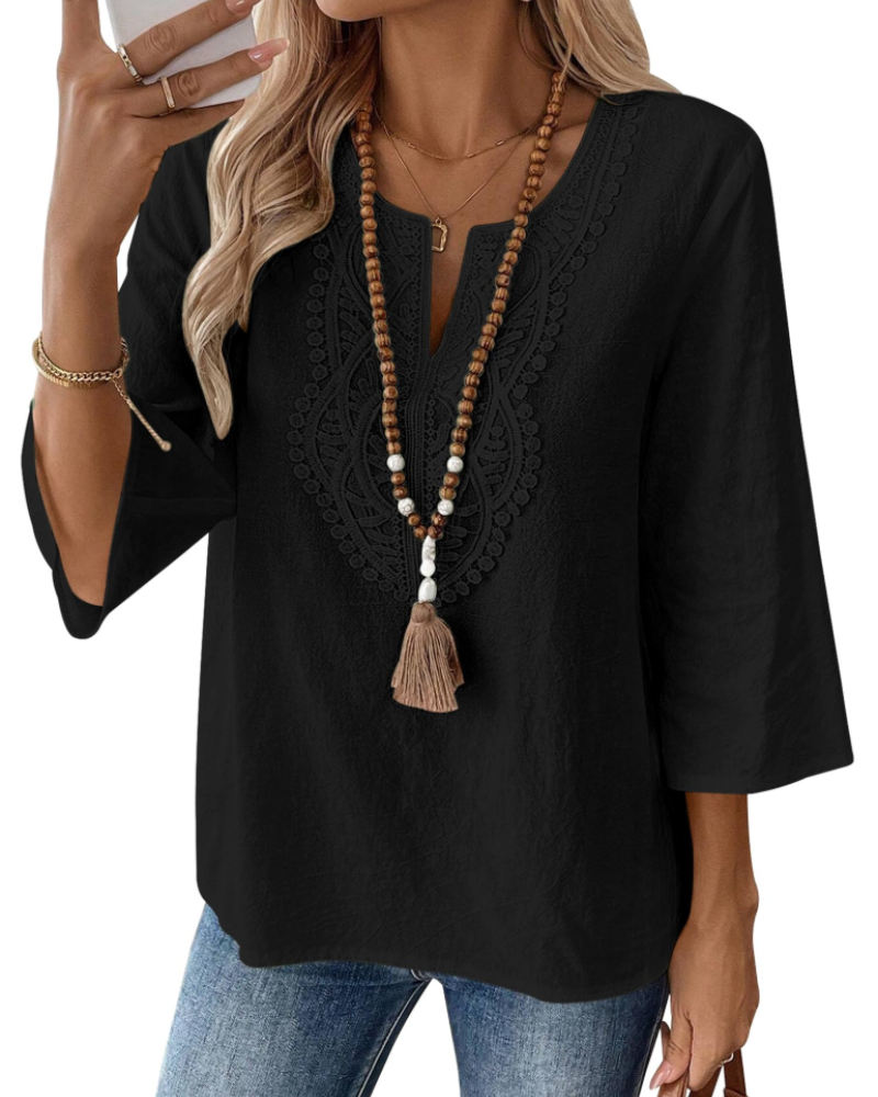 Rosamund Women's Linen Blend V Neck Tunic Top – 3/4 Sleeve Lace Blouse