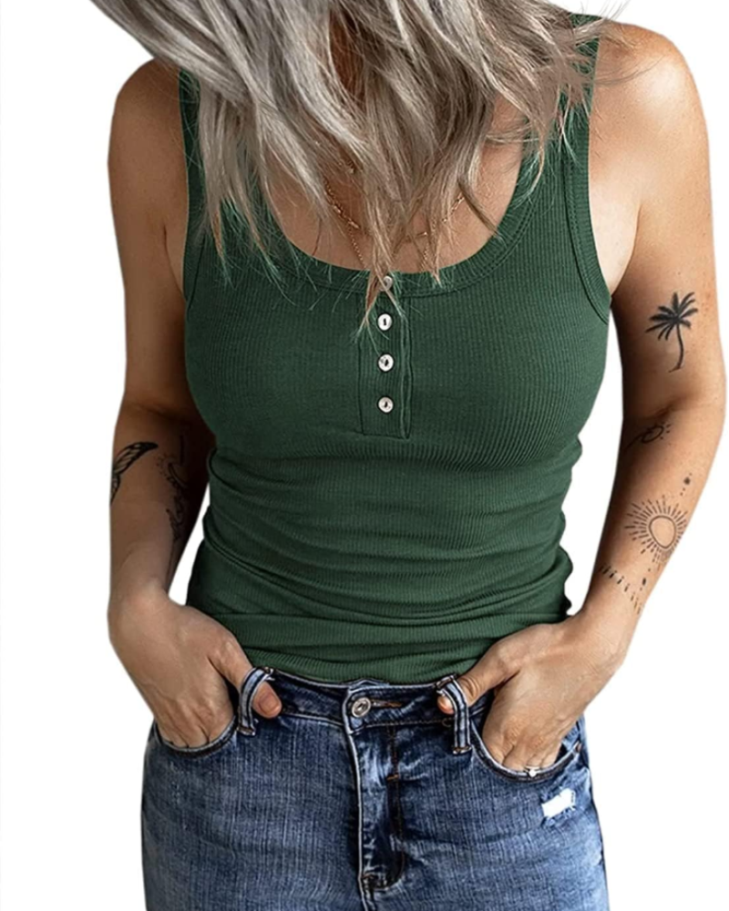 Celeste Women's Ribbed Button Tank Top – Sleeveless Scoop Neck Vest