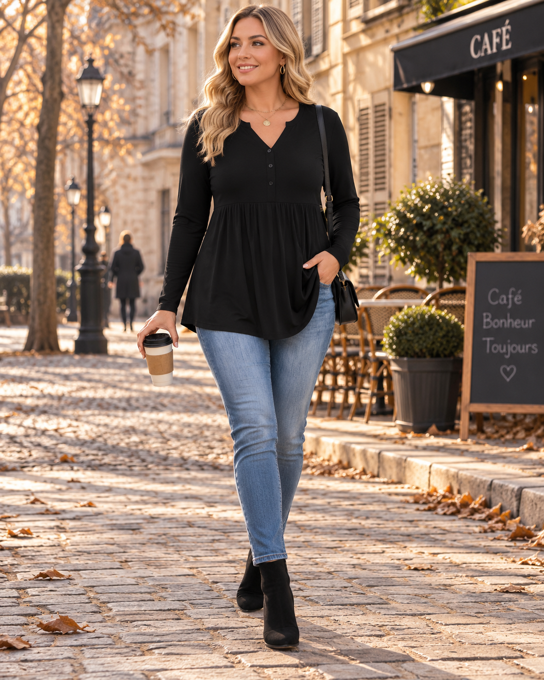 Estelle Women's Henley Tunic Top – Pleated V-Neck Long Sleeve Plus Size Blouse