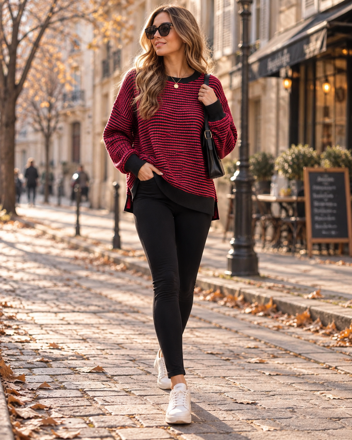 Isadora Women's Waffle Knit Sweatshirt – Oversized Striped Tunic with Side Slits