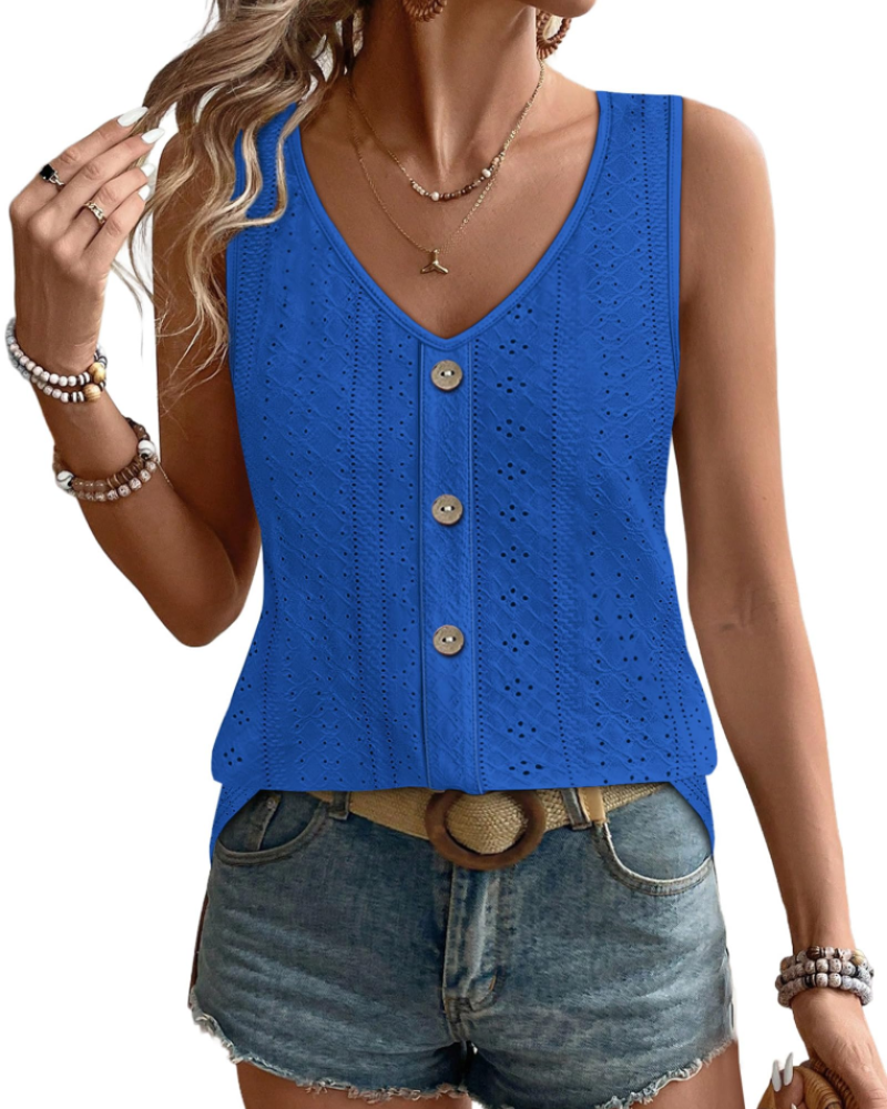 Sophiea Women's V Neck Tank Top – Sleeveless Eyelet Loose Fit Casual Summer Blouse