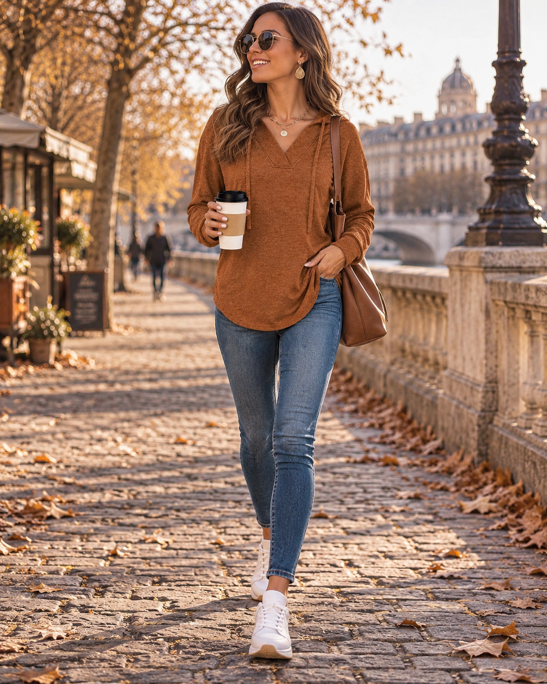 Linnea Women's V-Neck Hoodie – Long Sleeve Relaxed High-Low Pullover Top