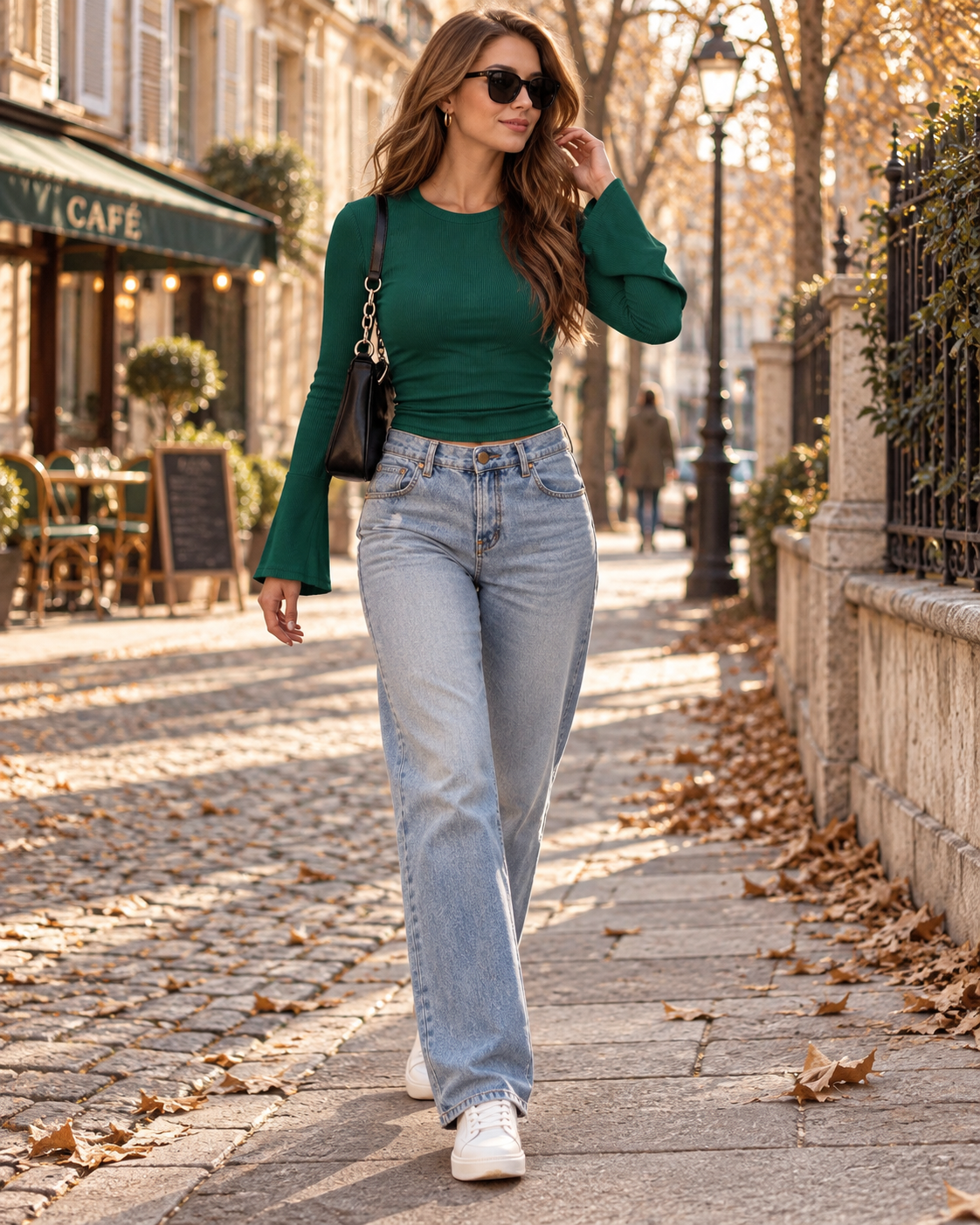 Celeste Women's Ribbed Knit Top – Crew Neck Bell Sleeve Slim Fit Long Sleeve Shirt