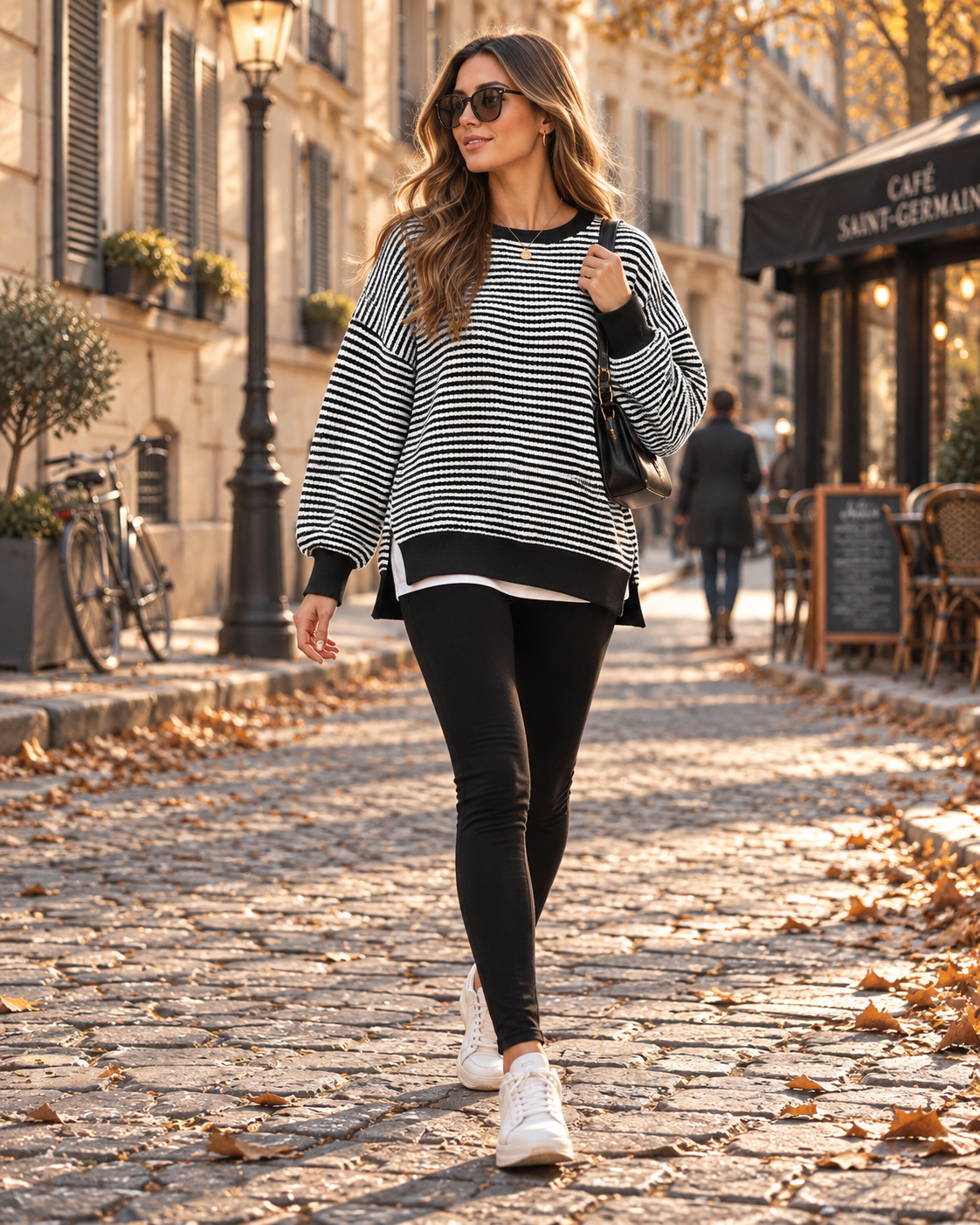 Isadora Women's Waffle Knit Sweatshirt – Oversized Striped Tunic with Side Slits