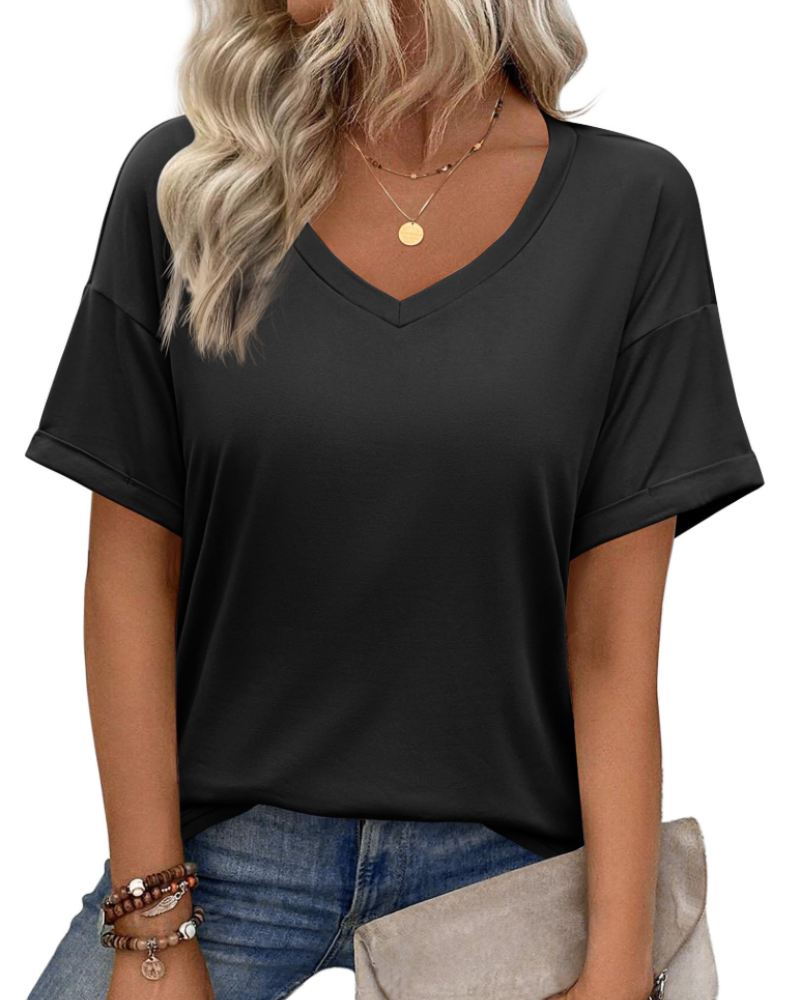 Isla Women's V Neck T-Shirt – Short Sleeve Loose Fit Casual Summer Top