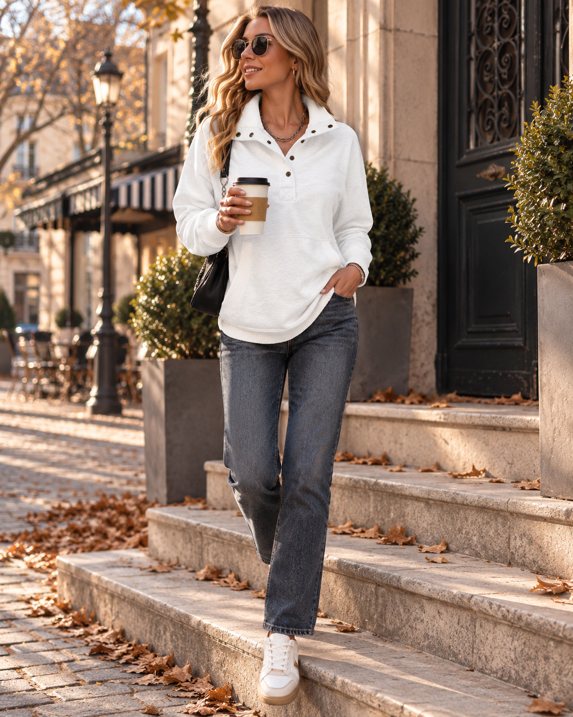 Mabel Women's Ribbed Henley Top – V-Neck Button Long Sleeve Relaxed Pullover