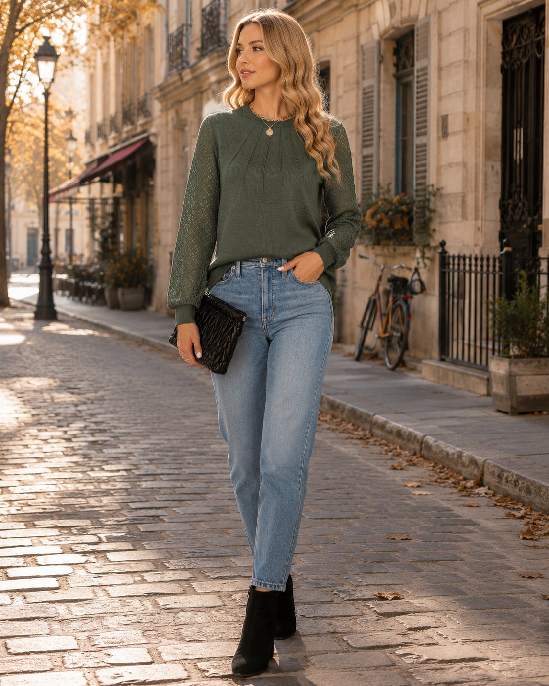 Evelina Women's Lace Sleeve Blouse – Pleated Crew Neck Waffle Knit Top