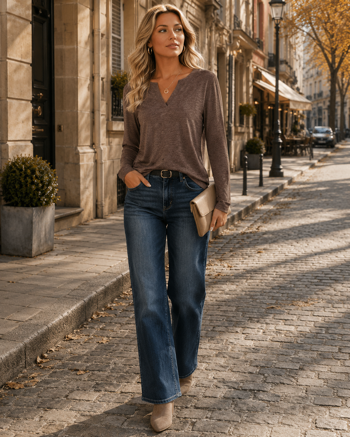 Annelise Women's V-Neck Top – Loose Fit Long Sleeve T-Shirt for Casual & Office Wear