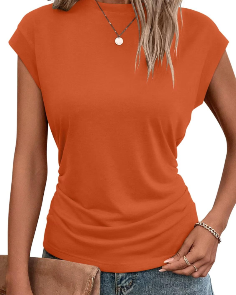 Maisie Women's Pleated T-Shirt – Cap Sleeve Crew Neck Oversized Casual Summer Top