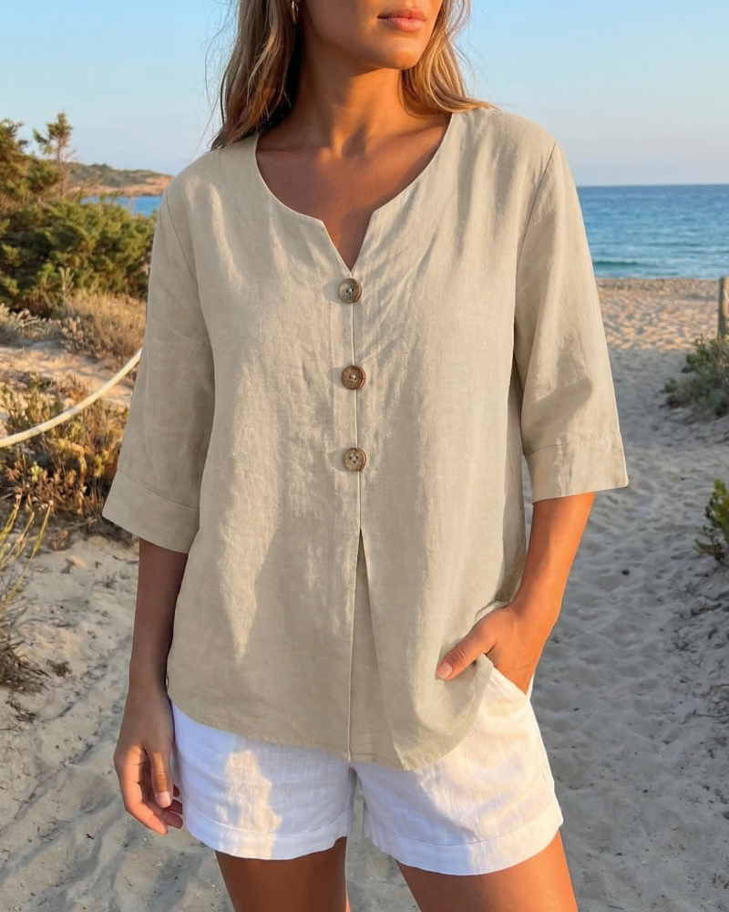 Marlowe Women's Cotton Linen V Neck Top – 3/4 Sleeve Boho Blouse