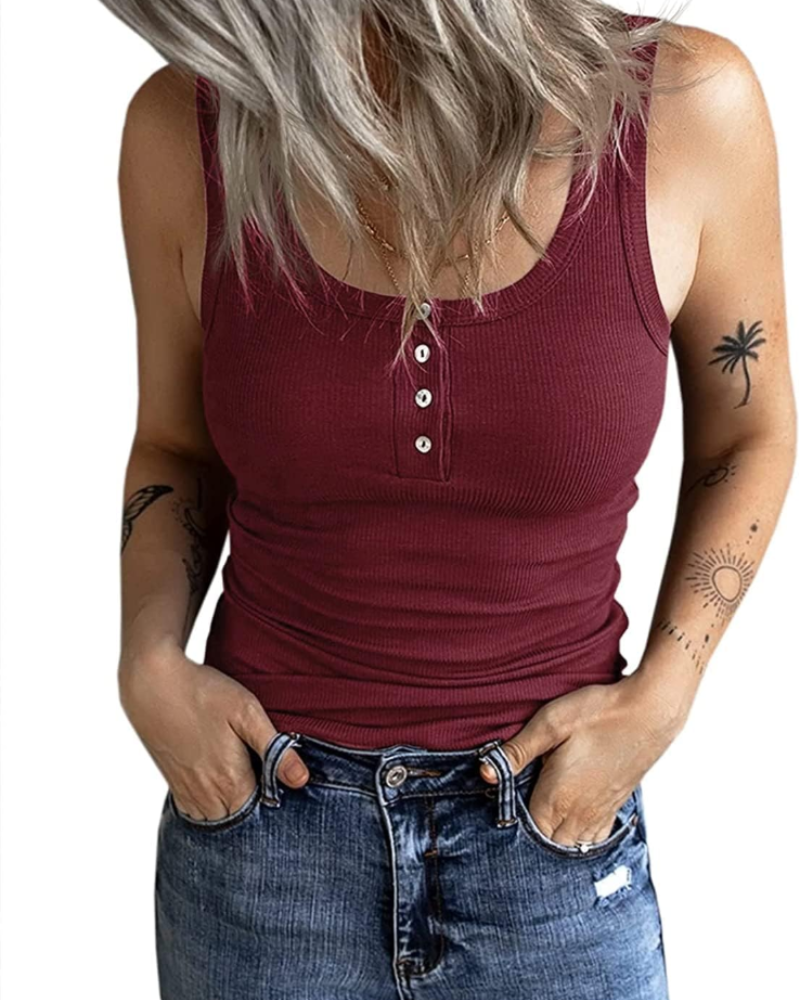 Celeste Women's Ribbed Button Tank Top – Sleeveless Scoop Neck Vest