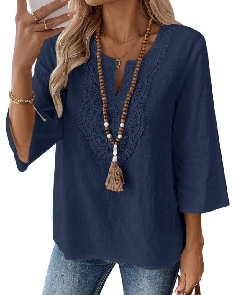 Rosamund Women's Linen Blend V Neck Tunic Top – 3/4 Sleeve Lace Blouse
