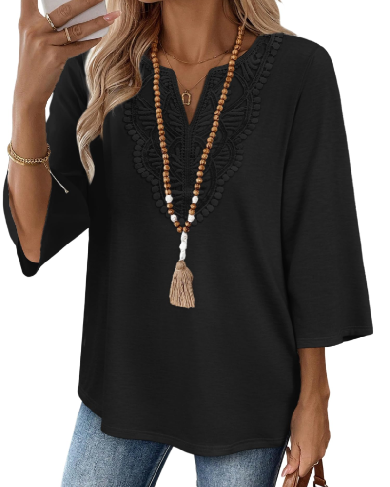 Coraline Women's V Neck Lace Tunic Top – 3/4 Bell Sleeve Boho Blouse