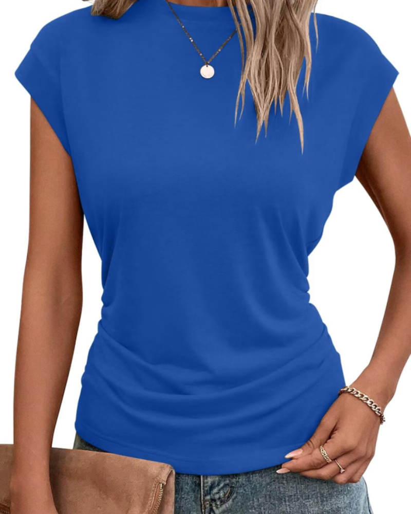 Maisie Women's Pleated T-Shirt – Cap Sleeve Crew Neck Oversized Casual Summer Top