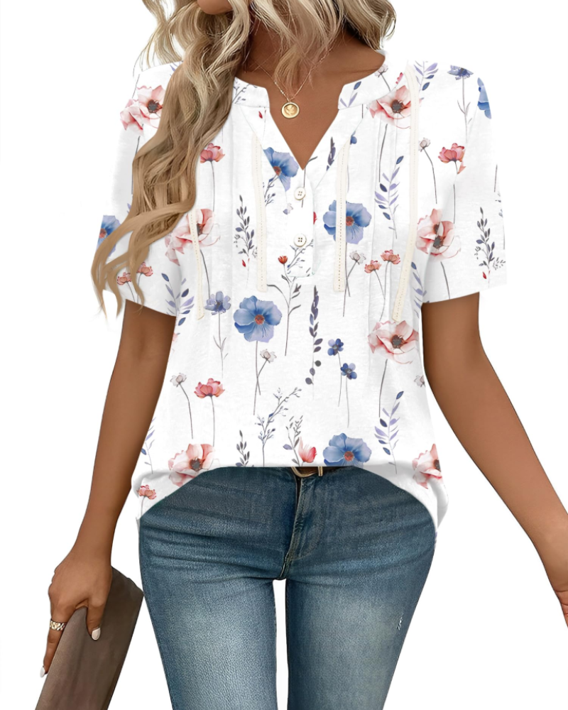 Danica Women's V Neck Lace Blouse – Short Sleeve Pleated Boho Top