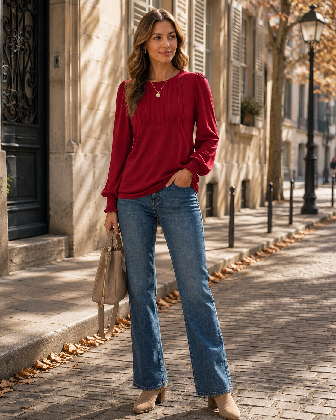 Adeline Women's Pleated Top – Long Sleeve Crew Neck Blouse with Smocked Cuffs