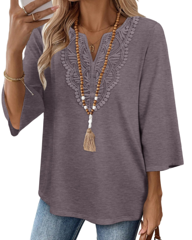 Coraline Women's V Neck Lace Tunic Top – 3/4 Bell Sleeve Boho Blouse