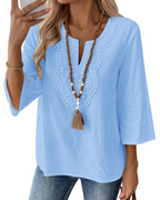 Rosamund Women's Linen Blend V Neck Tunic Top – 3/4 Sleeve Lace Blouse