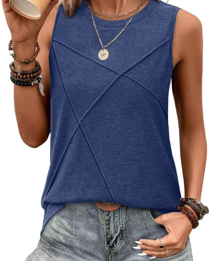 Alicia Women's Crew Neck Tank Top – Sleeveless Longline Casual Vest with Textured Front