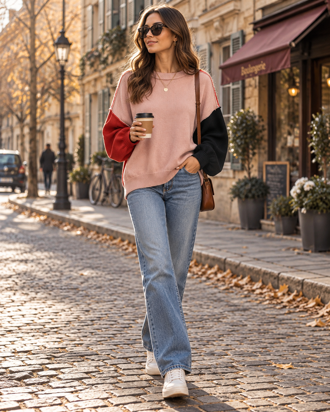 Frances Women's Colour Block Jumper – Cotton Crew Neck Bishop Sleeve Pullover