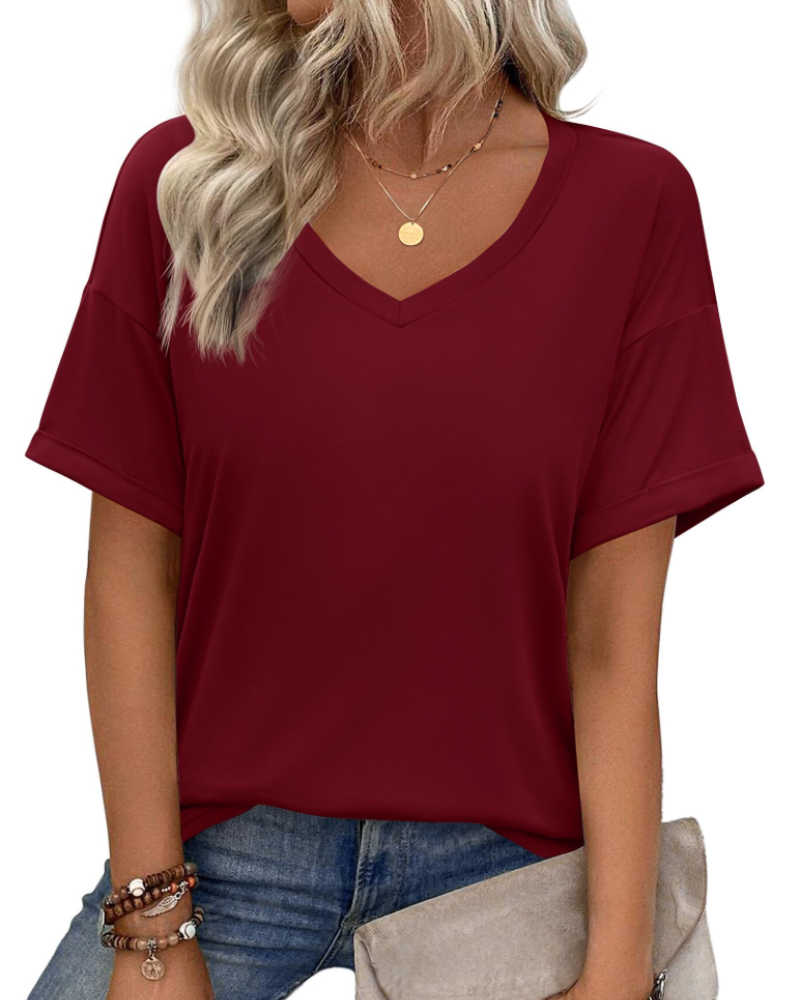 Isla Women's V Neck T-Shirt – Short Sleeve Loose Fit Casual Summer Top