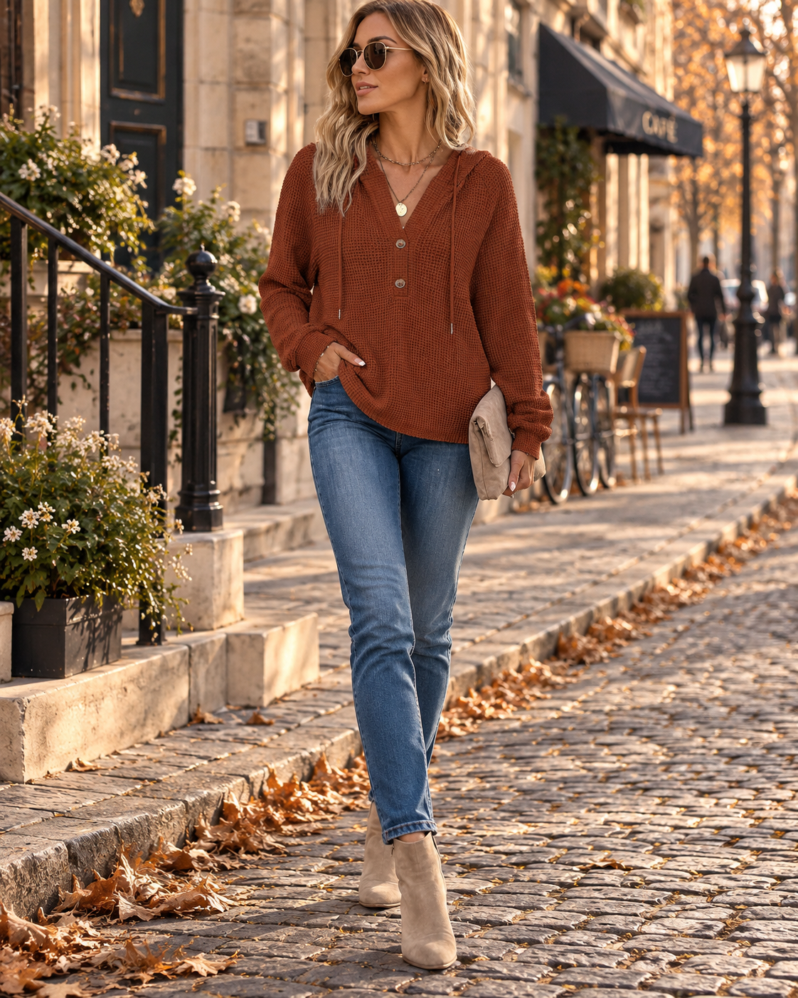 Ophelia Women's Waffle Knit Hoodie – Oversized V-Neck Button Pullover with Drawstring