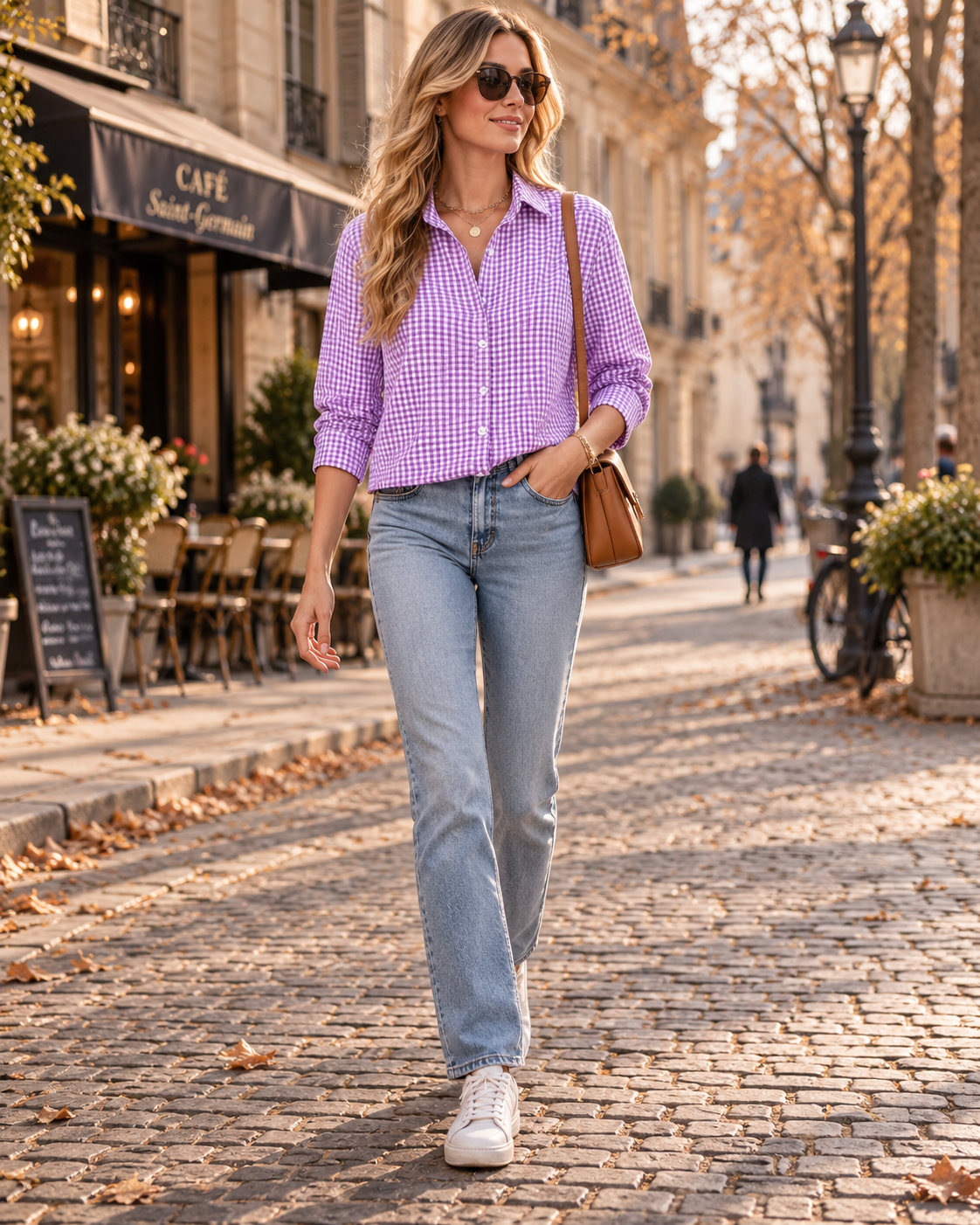 Fiona Women's Button-Down Shirt – Gingham Check Collared Blouse with Roll-Up Sleeves