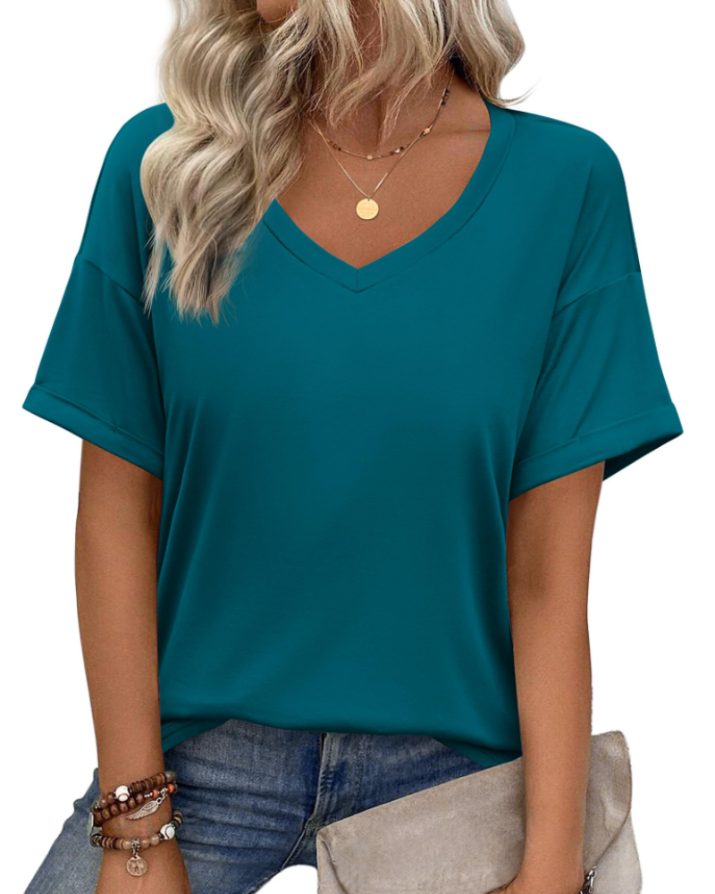 Isla Women's V Neck T-Shirt – Short Sleeve Loose Fit Casual Summer Top