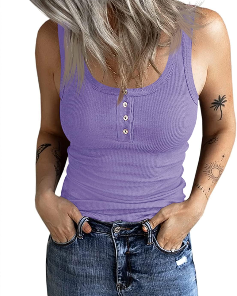 Celeste Women's Ribbed Button Tank Top – Sleeveless Scoop Neck Vest