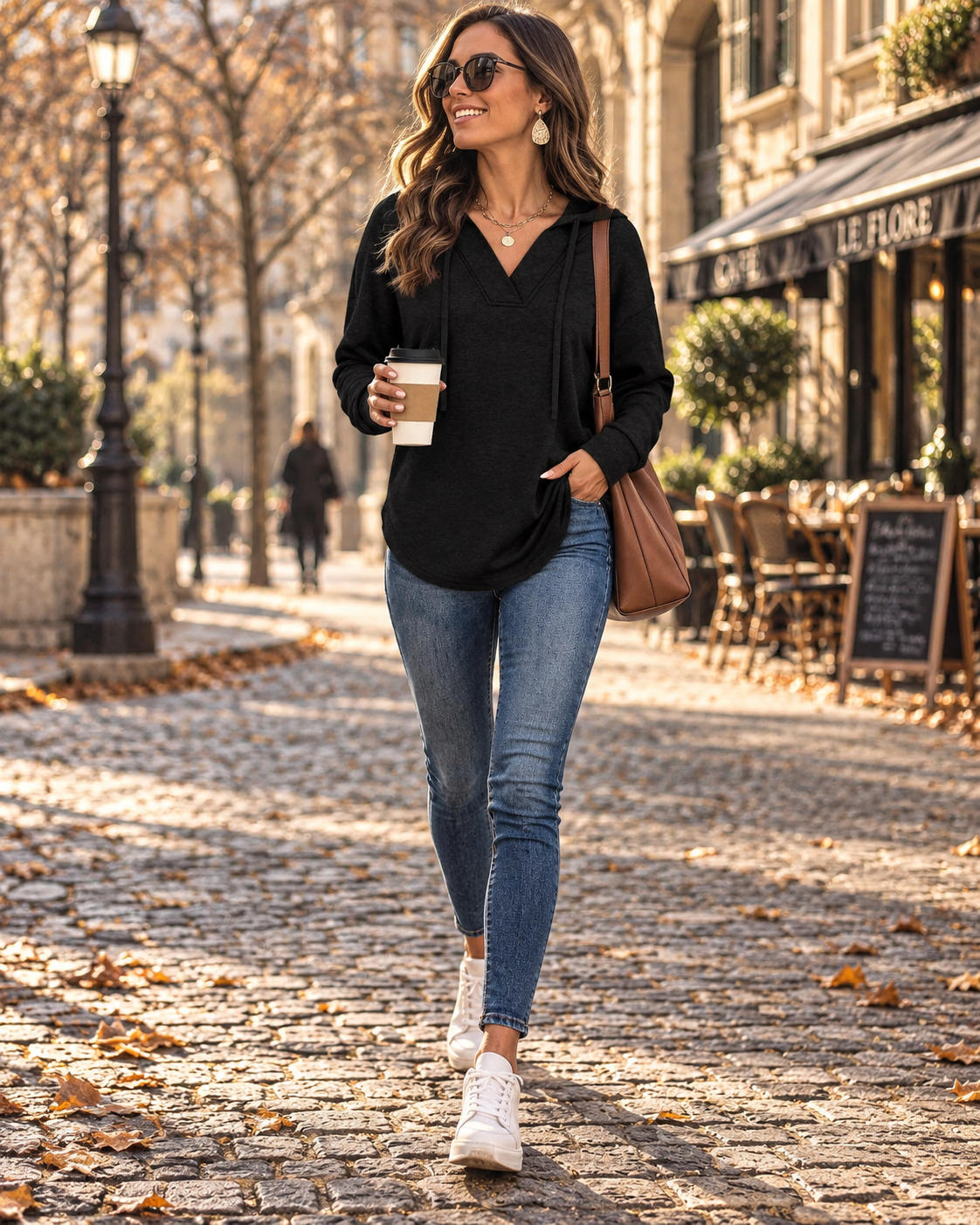 Linnea Women's V-Neck Hoodie – Long Sleeve Relaxed High-Low Pullover Top