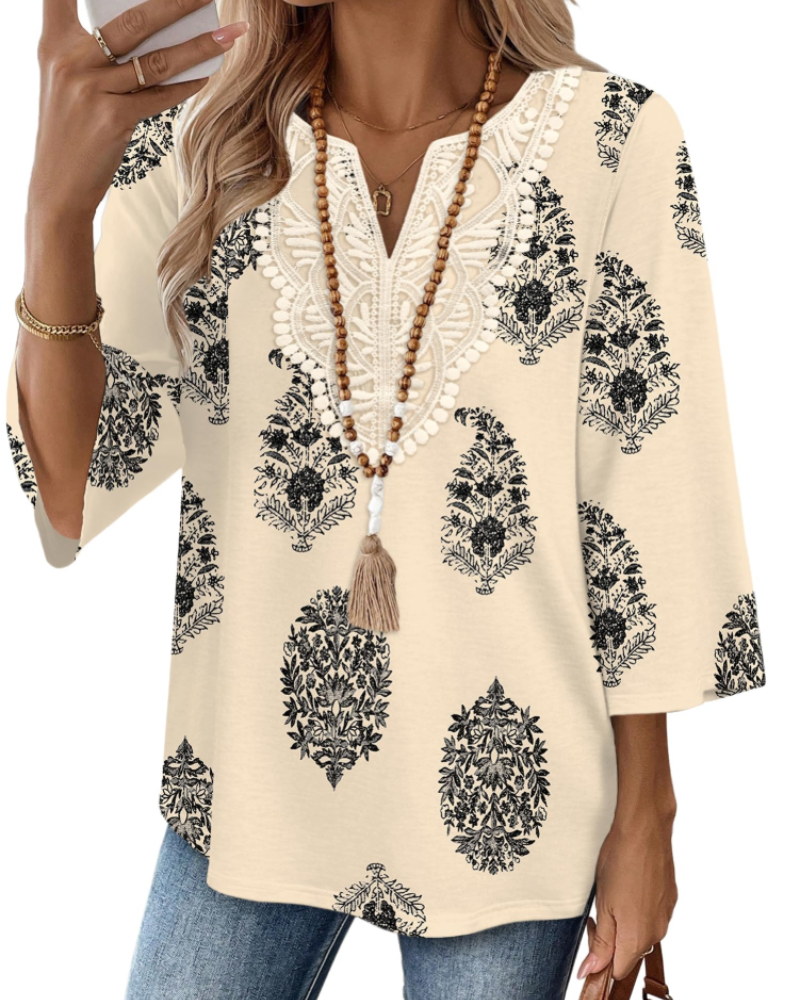 Coraline Women's V Neck Lace Tunic Top – 3/4 Bell Sleeve Boho Blouse