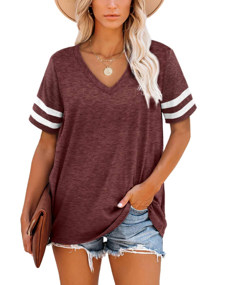 Meredith Women's V Neck T-Shirt – Short Sleeve Striped Casual Summer Top