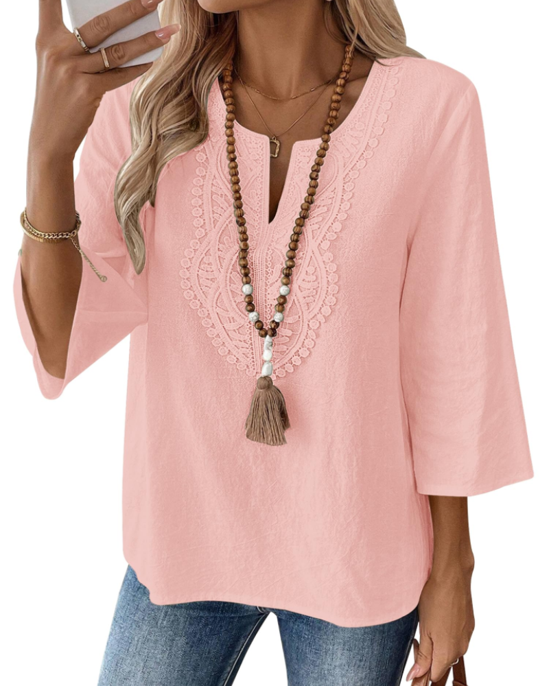 Rosamund Women's Linen Blend V Neck Tunic Top – 3/4 Sleeve Lace Blouse