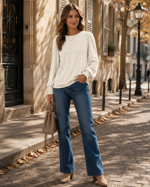 Adeline Women's Pleated Top – Long Sleeve Crew Neck Blouse with Smocked Cuffs