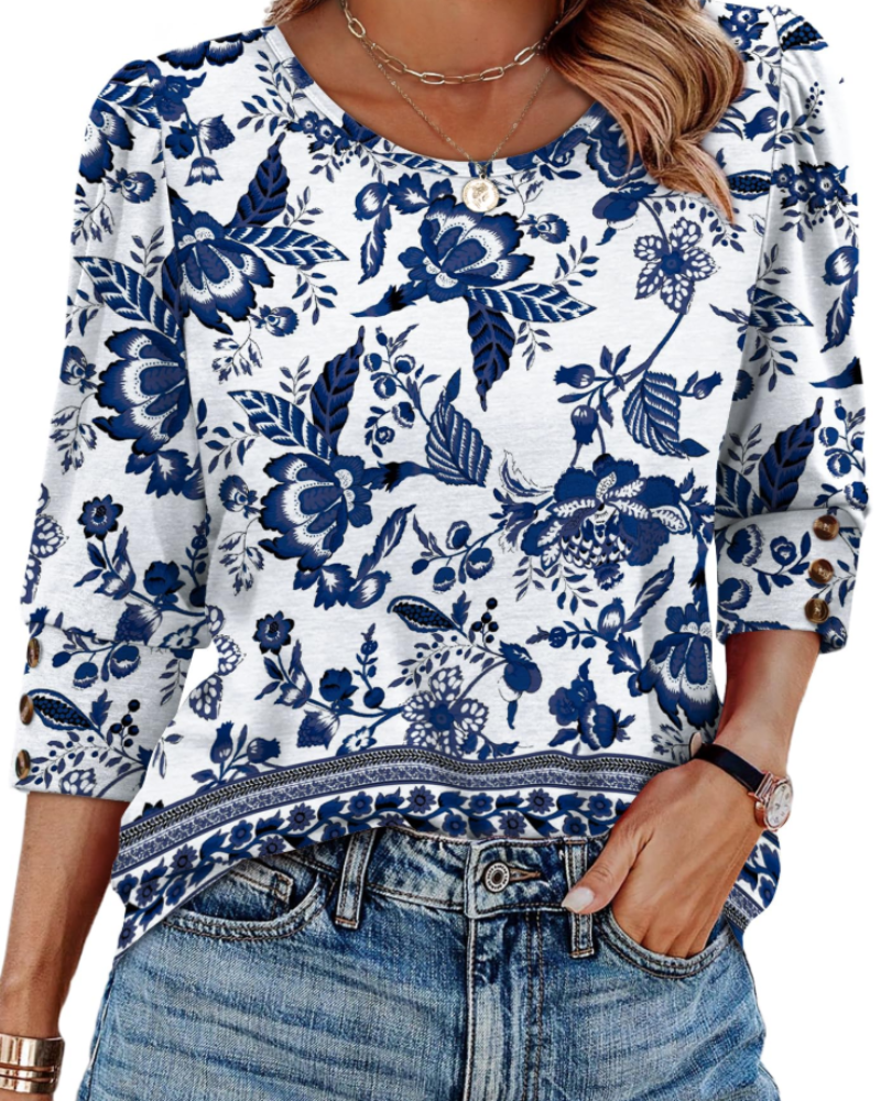 Ainsley Women's V Neck Blouse – 3/4 Puff Sleeve Casual Top