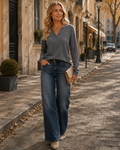Annelise Women's V-Neck Top – Loose Fit Long Sleeve T-Shirt for Casual & Office Wear