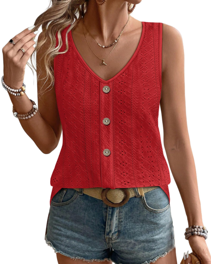Sophiea Women's V Neck Tank Top – Sleeveless Eyelet Loose Fit Casual Summer Blouse