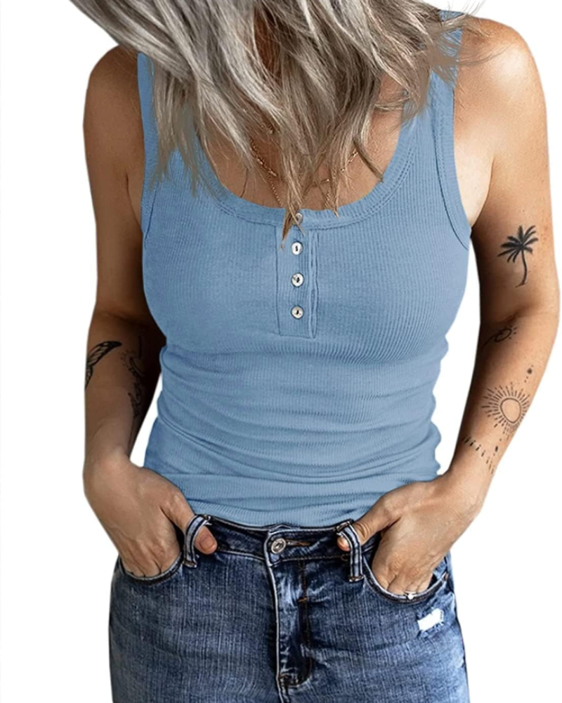 Celeste Women's Ribbed Button Tank Top – Sleeveless Scoop Neck Vest