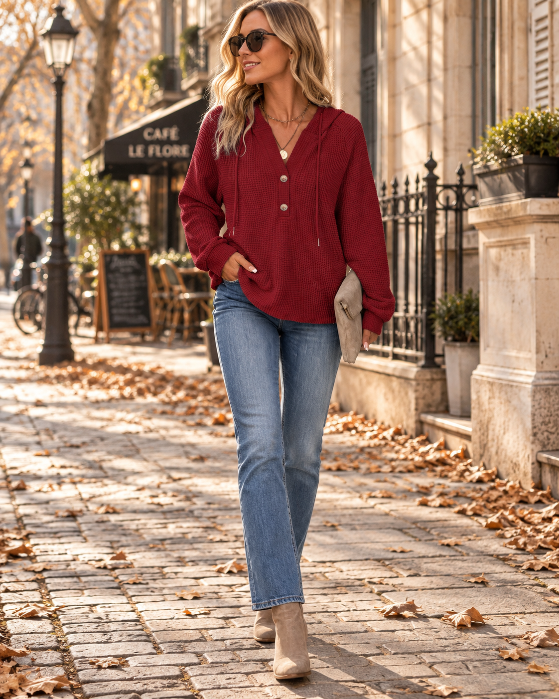 Ophelia Women's Waffle Knit Hoodie – Oversized V-Neck Button Pullover with Drawstring