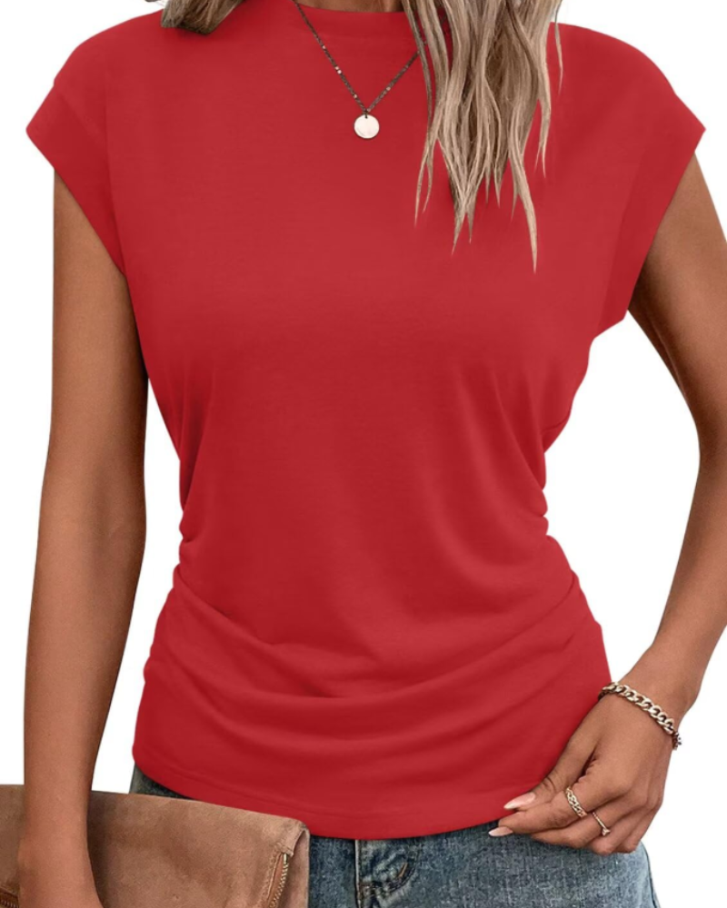 Maisie Women's Pleated T-Shirt – Cap Sleeve Crew Neck Oversized Casual Summer Top