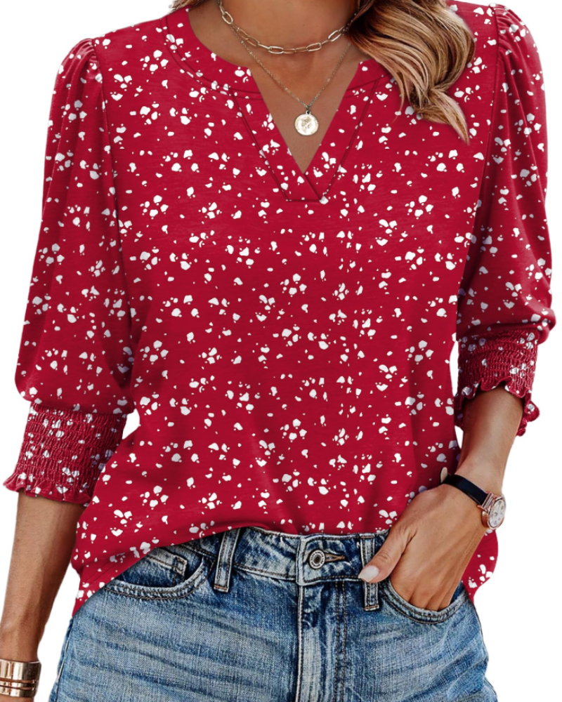 Ainsley Women's V Neck Blouse – 3/4 Puff Sleeve Casual Top