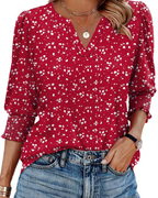 Ainsley Women's V Neck Blouse – 3/4 Puff Sleeve Casual Top